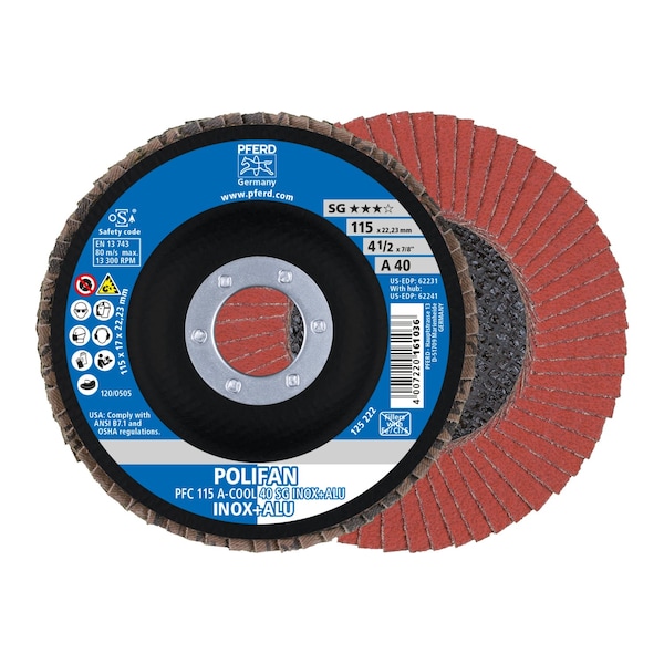 Pferd 4-1/2" x 7/8" A.H. POLIFAN Flap Disc - A-COOL SG INOX+ALU, Aluminum oxide, 40 Grit, Conical 62231 - main